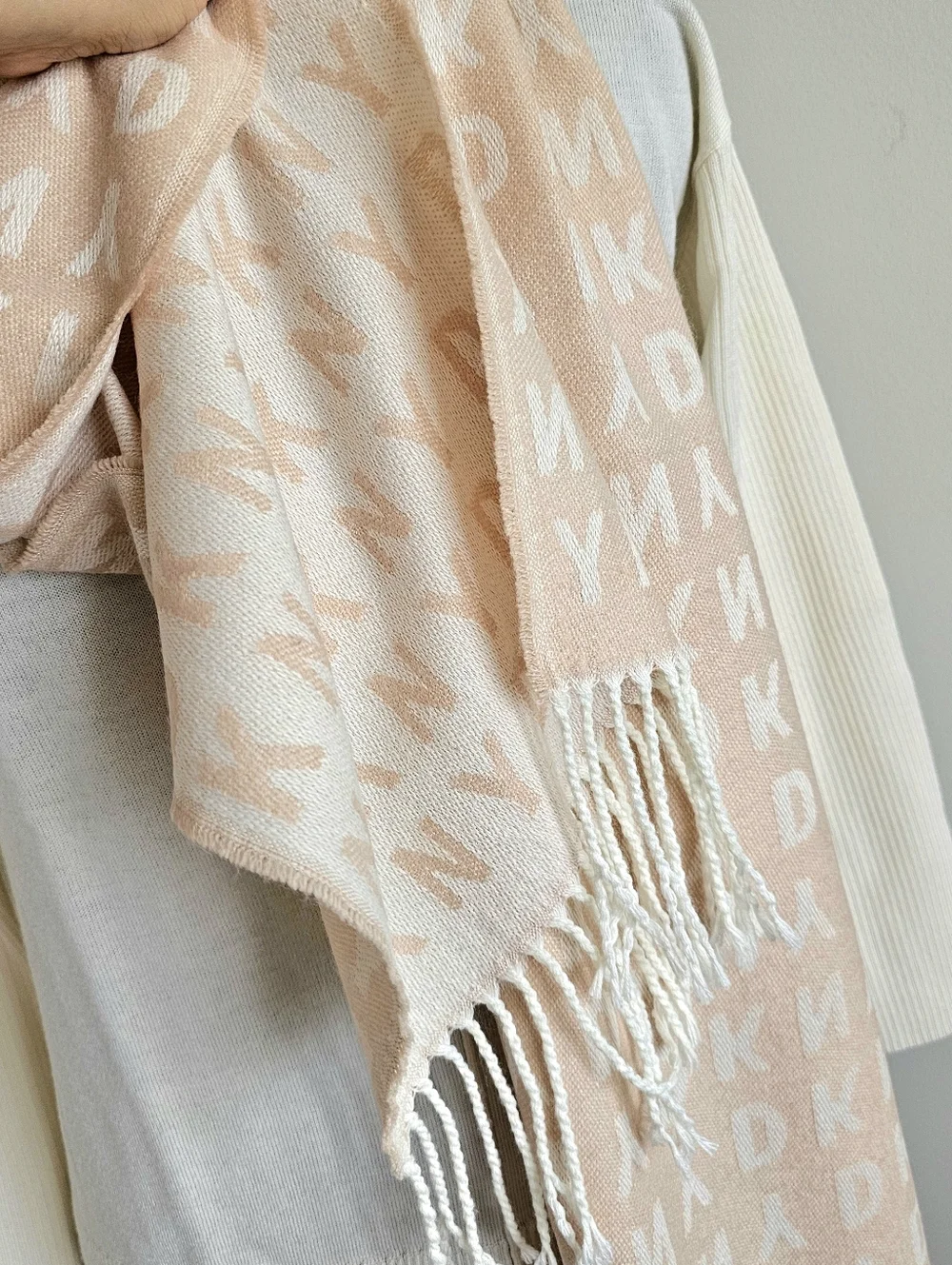 DKNY Logo Fringe Scarf Blush Pink Ivory Soft Cozy Fall Winter Luxe Chic Wrap
